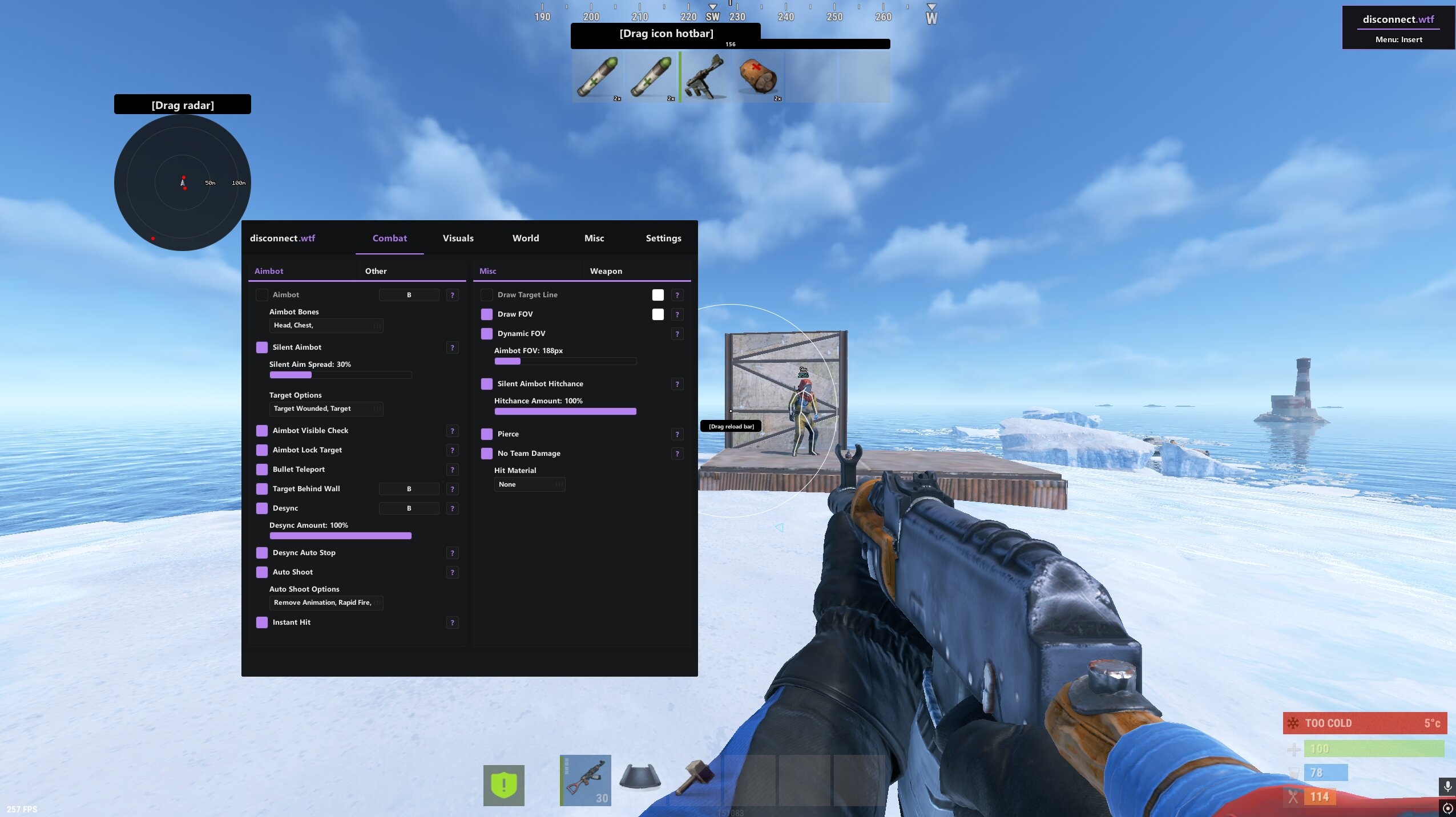 Rust aimbot, FOV, hit chance and weapon settings shown in Disconnect Rust Internal