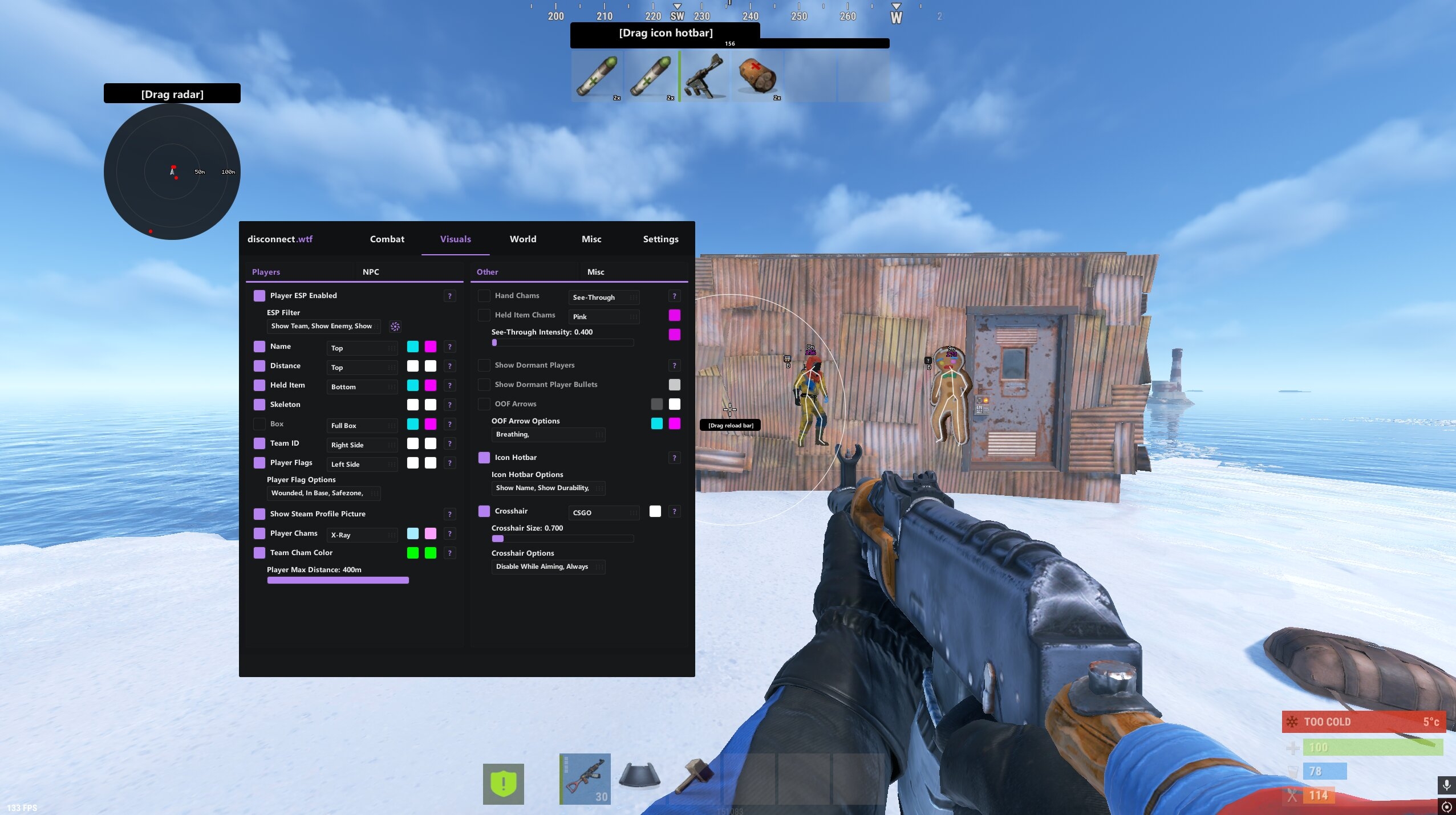 Rust player ESP, chams, distance and radar settings in Disconnect Rust Internal