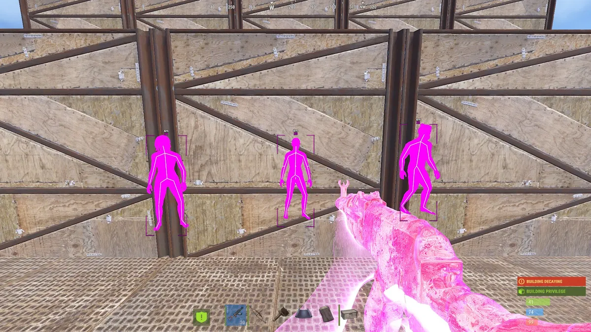 Rust combat scene comparing aimbot, ESP, and recoil-control options